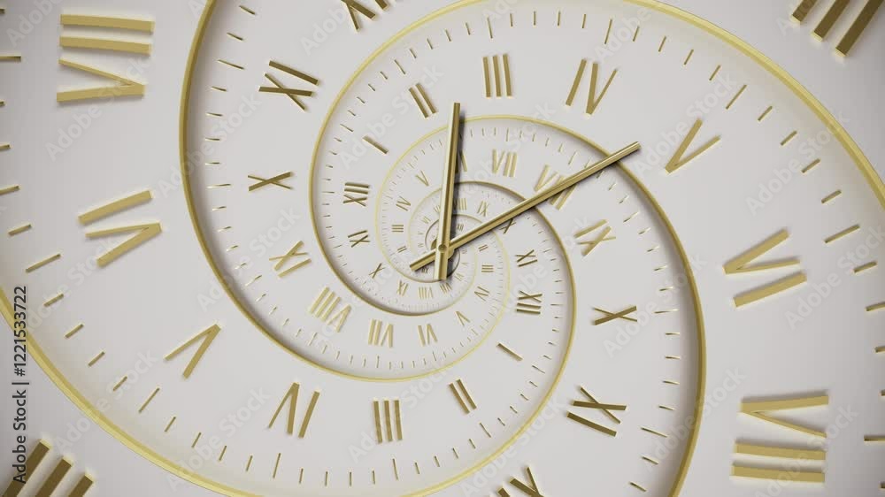 Chaotically rotating clock hands and dial. Abstract modern white spiral clock dial with roman numerals. Concept of Infinite time, deadline, scheduling, time and space, past, present and future.