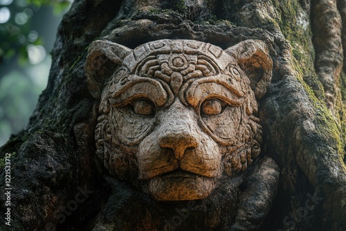 Stone tiger face carved into a moss-covered tree trunk, nature and art combined. photo