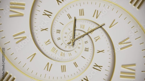 Chaotically rotating clock hands and dial. Abstract modern white spiral clock dial with roman numerals. Concept of Infinite time, deadline, scheduling, time and space, past, present and future.