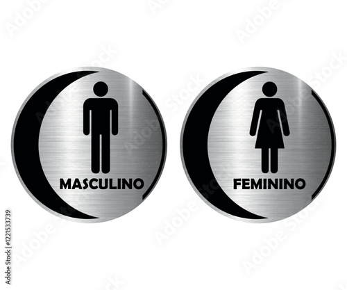 Placas Banheiro Redondas Com Meia Lua. Masculino e Feminino. Textura De Metal.