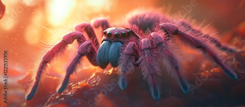 Captivating close up image of a powerful fearsome looking tarantula spider with vibrant vivid coloring and intricate textured details  The spider s sharp fangs hairy legs photo