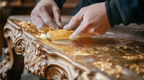 Hands carefully reapplying gold leaf to antique table legs, elegant studio lighting photo