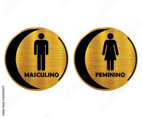Placas Banheiro Redondas Com Meia Lua. Masculino e Feminino. Textura Dourada.