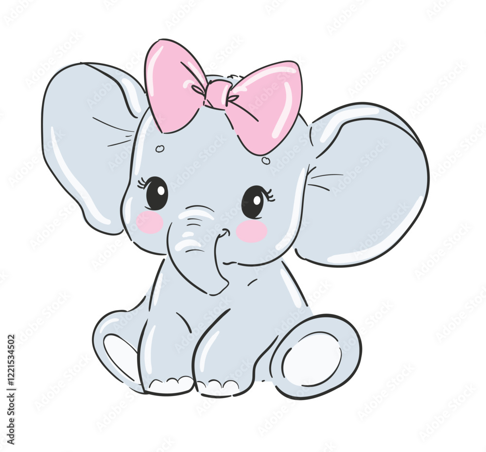 Fototapeta premium Hand Drawn cute elephant with bow vector illustration