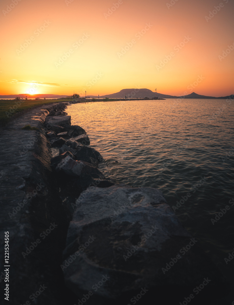 Nice sunset over lake Balaton at Fonyód, Hungary