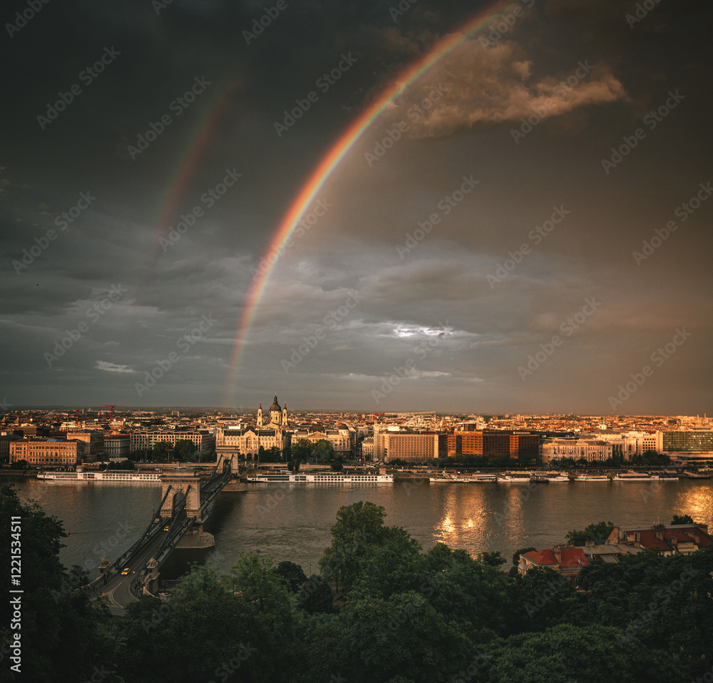 Rainbow over the famous Chain Bridge in Budapest, Hungary