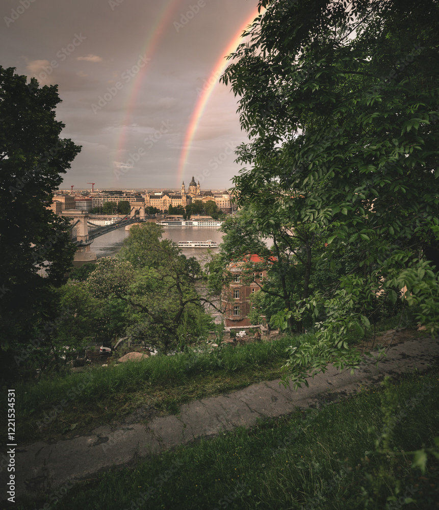 Rainbow over the famous Chain Bridge in Budapest, Hungary