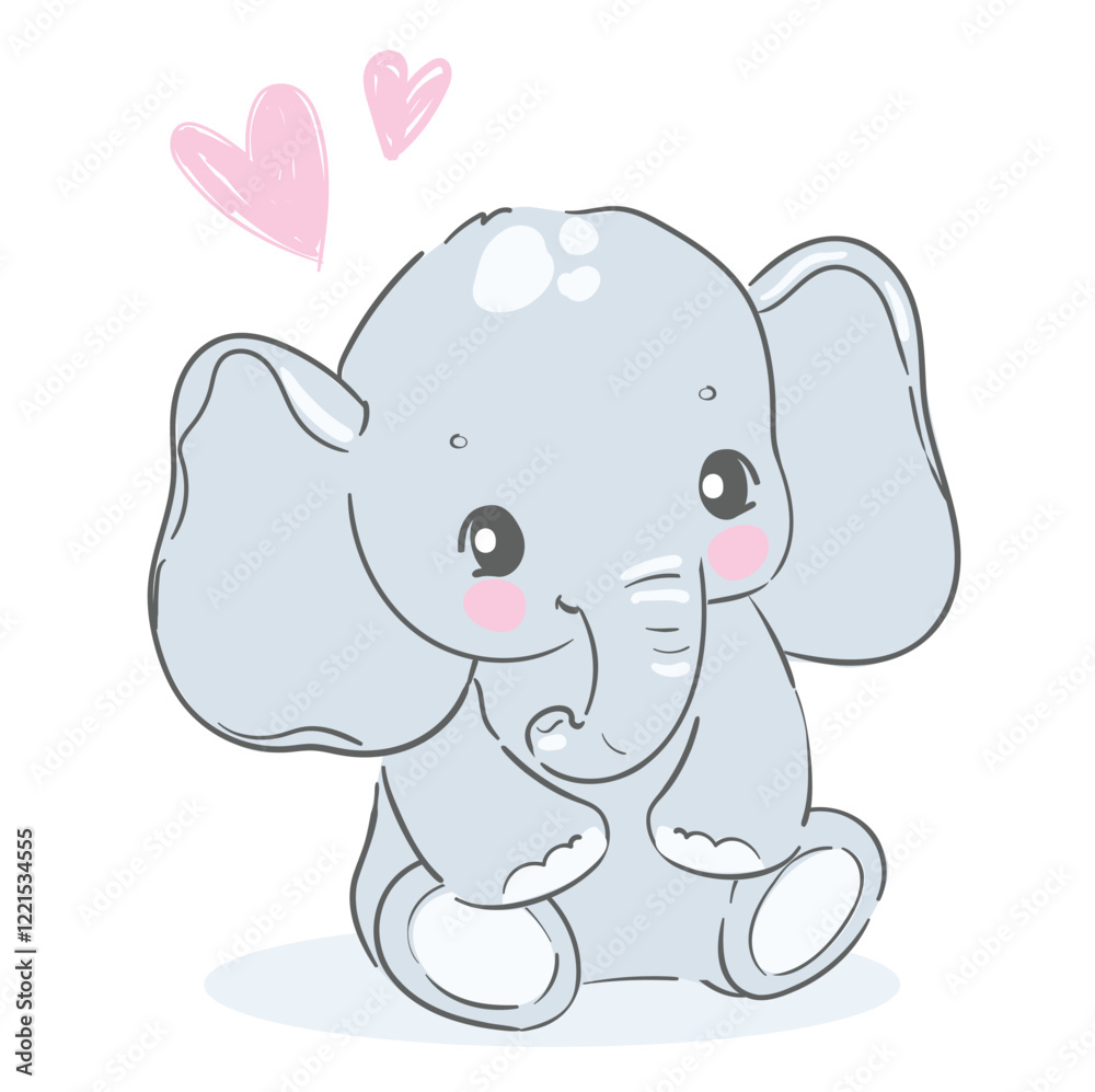 Fototapeta premium Hand Drawn cute elephant and red heart vector illustration