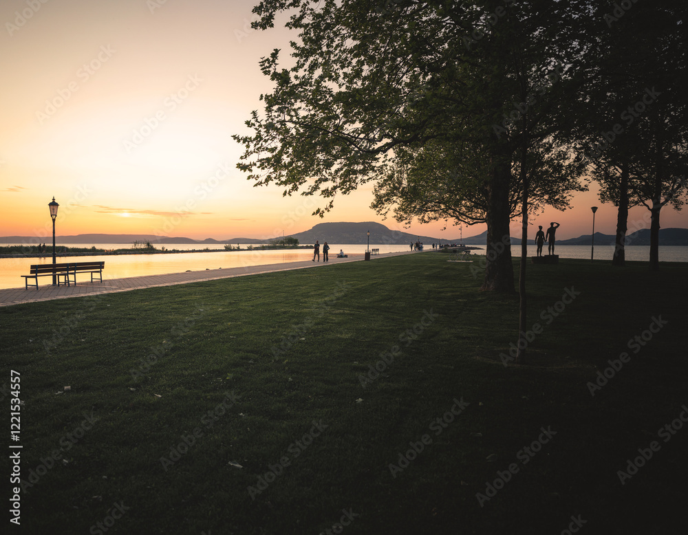 Nice sunset over lake Balaton at Fonyód, Hungary