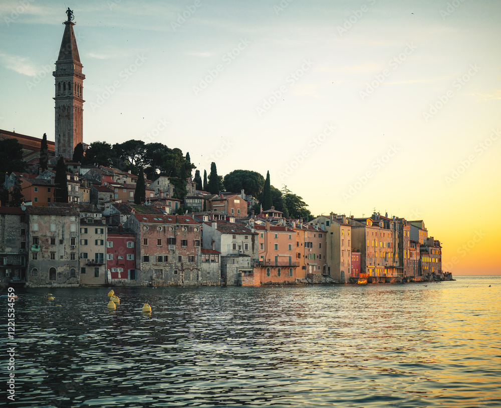 Sunset over the old town of Rovinj, Croatia