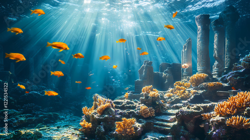Fototapeta Naklejka Na Ścianę i Meble -  Underwater scene with sun rays illuminating coral reefs and golden fish swimming near ancient ruins, depicting a tranquil aquatic paradise. Golden Reef. Illustration