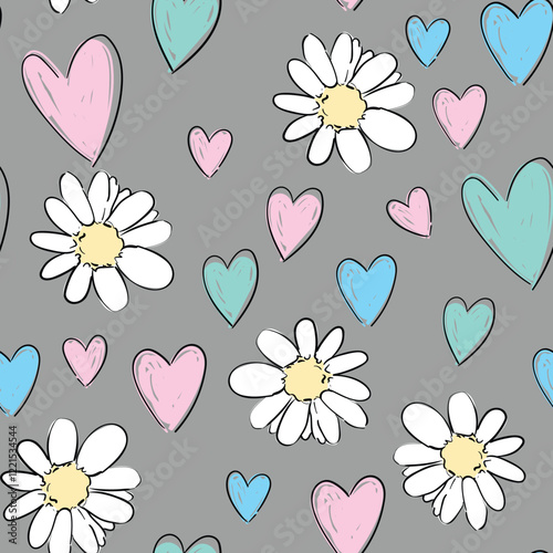 Cute Hearts and Flowers Seamless Pattern Vector Illustration Hand Drawn