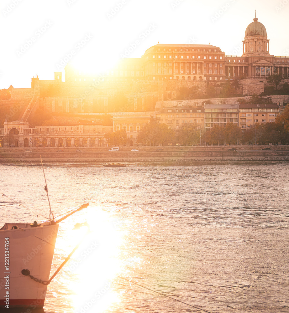 View on the famous Royal Palace in Budapest, Hungary in sunset