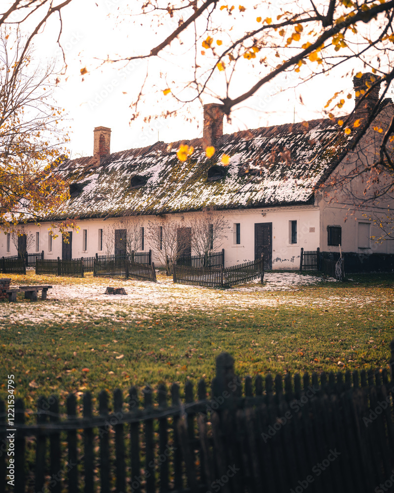 Traditional thatched roof house in Szántódpuszta, Hungary in winter