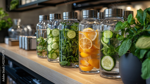 A modern hydration station with sleek water dispensers infused water options like lemon cucumber and mint and eco-friendly bottles promoting workplace wellness and sustainability