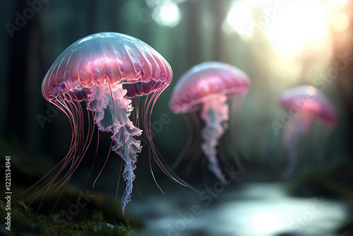 Jellyfish float gracefully through a serene forest stream during a magical sunset filled with soft light