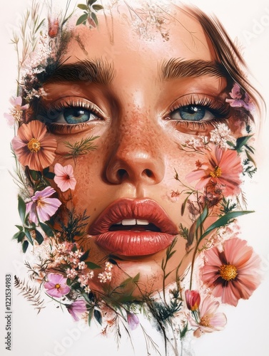 A realistic portrait featuring striking blue eyes, freckles, and vivid flowers seamlessly integrated, showcasing nature and beauty in harmony. photo
