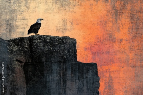 A majestic bald eagle perches on a dark rock against a vibrant, textured sunset. photo