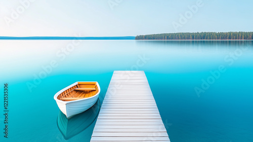 A wooden pier extends into calm turquoise waters  with a small white boat gently bobbing at the edge. Trees line the distant shore  adding to the tranquil atmosphere