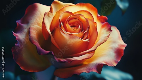 A stunning close-up photograph of a radiant orange rose, highlighting its vibrant colors and delicate petals, evoking feelings of love and admiration. photo