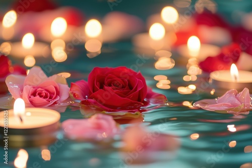 alentine candles with floating rose blossoms in water for a romantic ambiance photo