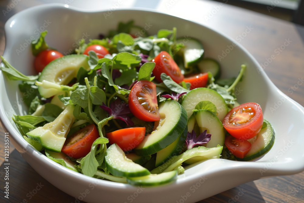 Vibrant salad bowl with mixed greens, cherry tomatoes, and cucumbers in natural light Vibrant salad bowl with mixed greens, cherry tomatoes, and cucumbers in natural light