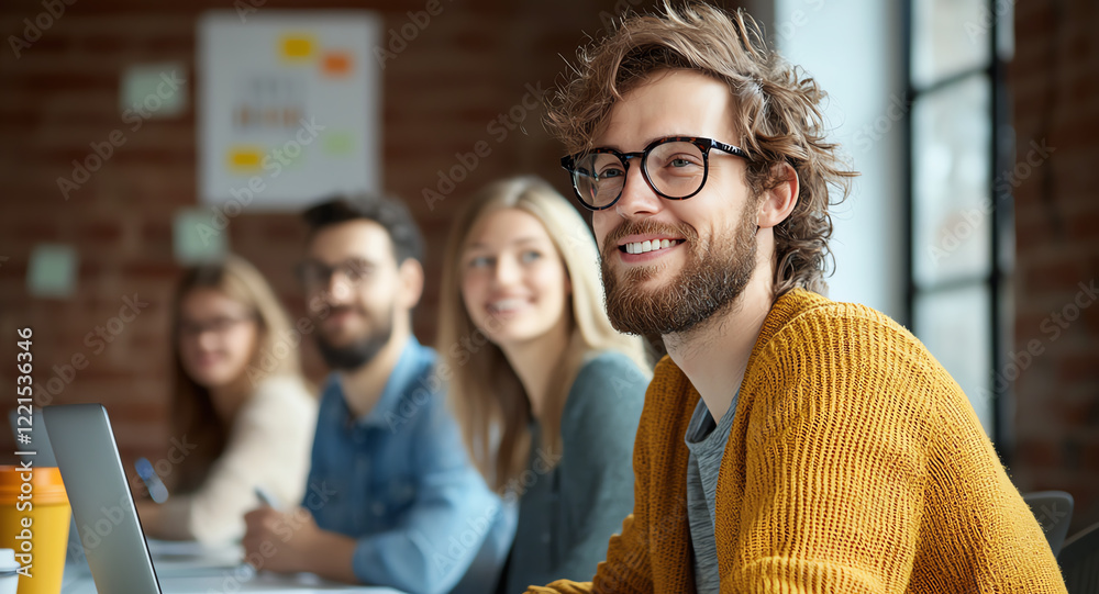 Fototapeta premium A cheerful group of young professionals engaged in a collaborative meeting. The smiling man in focus embodies confidence and creativity, showcasing teamwork in a modern workspace.