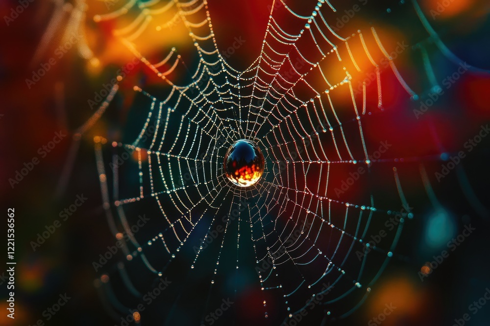 Dew-covered spiderweb with a radiant water droplet at its center, showcasing nature's beauty. Dew-covered spiderweb with a radiant water droplet at its center, showcasing nature's beauty.