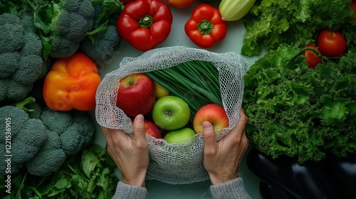 Sustainable shopping concept: hands holding fresh produce in reusable mesh bag photo