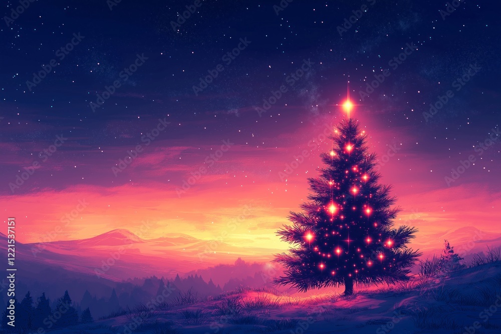 Naklejka premium Synthwave inspired evergreen tree illuminated at dusk for retro holiday design and decor