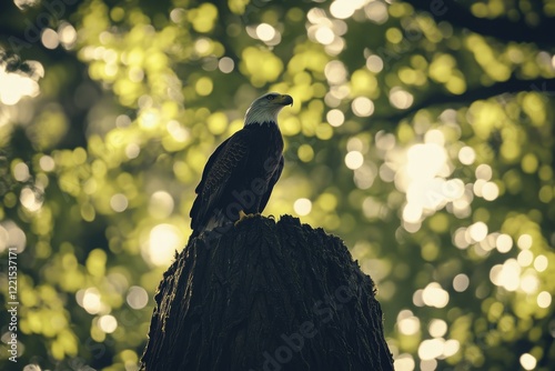 Majestic bald eagle perched atop a weathered tree stump, bathed in soft sunlight filtering through a bokeh background of lush green foliage. photo