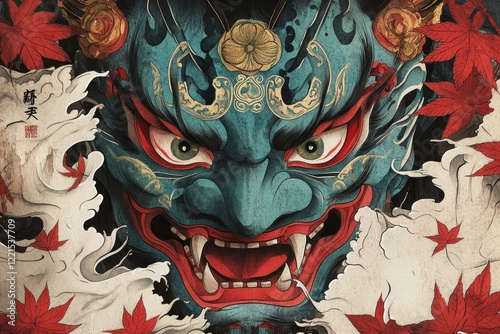 A fierce blue oni mask with sharp teeth amidst swirling white waves and vibrant red maple leaves, depicting a traditional Japanese demon design. photo