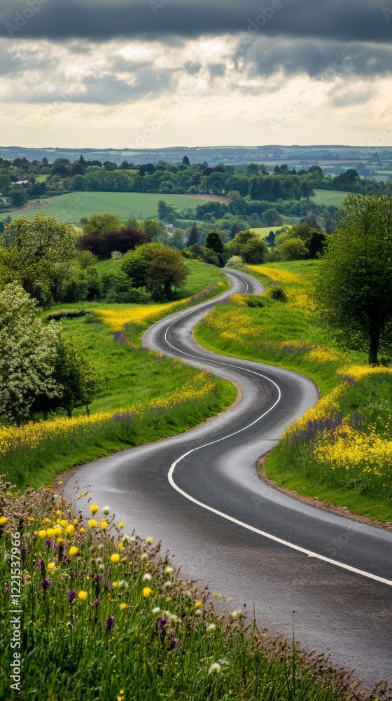 Obraz premium A winding road stretches through lush green countryside. The vibrant flowers enhance the scenic beauty. Perfect for travel enthusiasts and nature lovers. Generative AI.