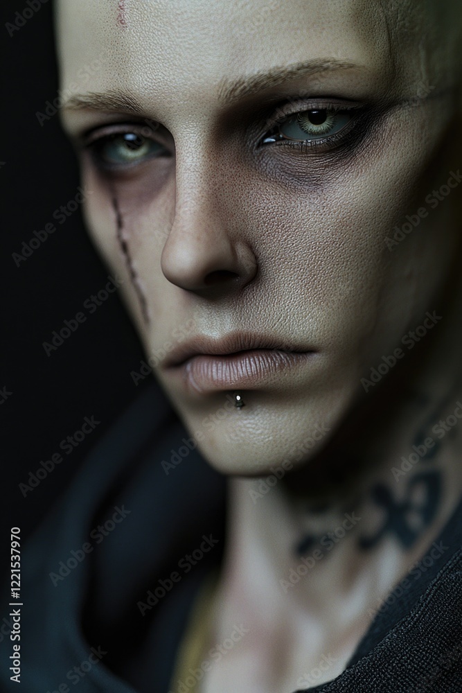 A close-up shot of a person's face covered in tattoos, suitable for use in editorial or artistic contexts A close-up shot of a person's face covered in tattoos, suitable for use in editorial or artistic contexts