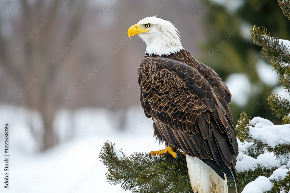 Majestic bald eagle perched on a snow-covered pine branch in a winter wonderland.