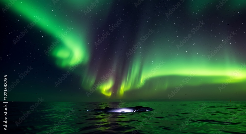 Fototapeta premium Vibrant green and purple aurora borealis dancing across a starry night sky over a calm, reflective ocean with a small illuminated island, concept for nature's beauty, arctic exploration and celestial