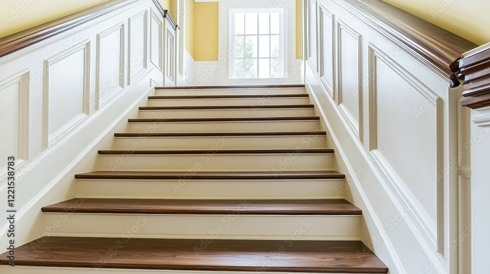 Elegant wooden staircase, interior, home, ascent, yellow walls, sunlight, real estate, design Elegant wooden staircase, interior, home, ascent, yellow walls, sunlight, real estate, design