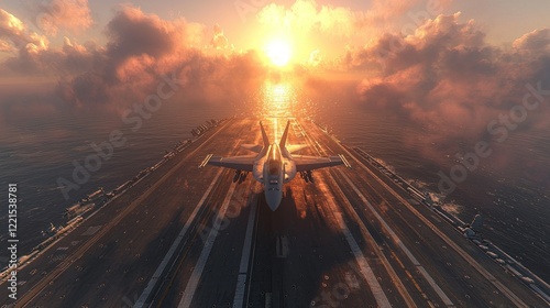 Sunset Carrier Landing: Fighter Jet on Aircraft Carrier Deck at Golden Hour