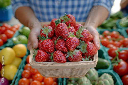 Freshly harvested strawberries in a wicker basket held at a vibrant farmers market with colorful produce around