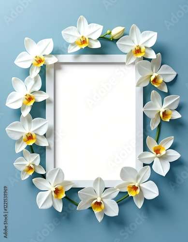 White orchids arranged around a blank frame.  Perfect for invitations, announcements, or adding your own design.