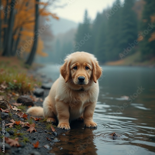 Image of a domestic dog on the river bank among autumn forest.