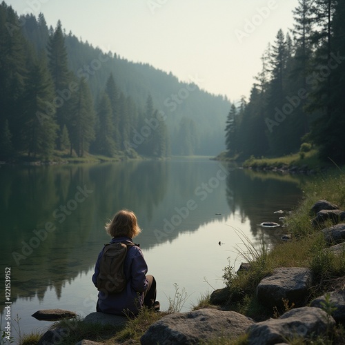Beautiful landscape of a calm river and forest mountains.