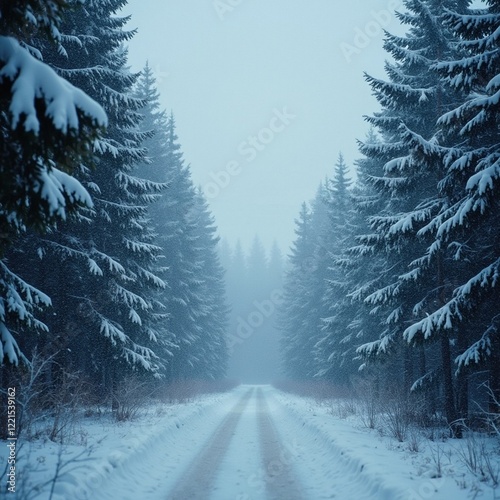 Winter road in a snowy coniferous forest.