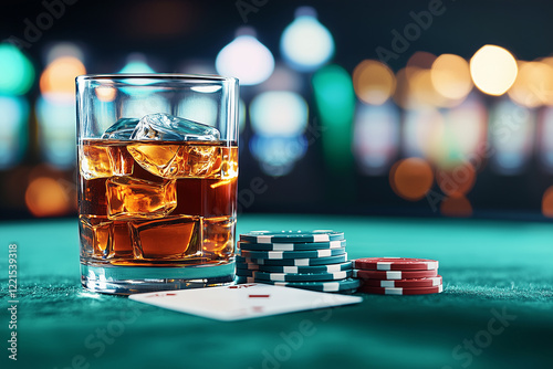 Whiskey glass with ice next to poker chips and playing cards on a green felt table at a casino during the evening photo