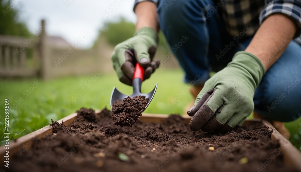 Fototapeta premium Gardener planting seeds in soil with trowel and gloves