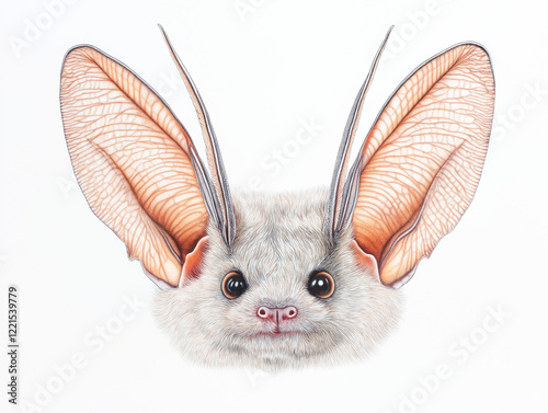 Gray Long-eared Bat (Plecotus austriacus) - A hand-drawn depiction highlighting its gray fur, prominent ears, and thin wing membranes, isolated on a clean white photo