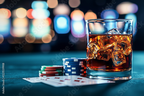Cocktail glass filled with ice and whisky next to poker chips and playing cards in a casino at night