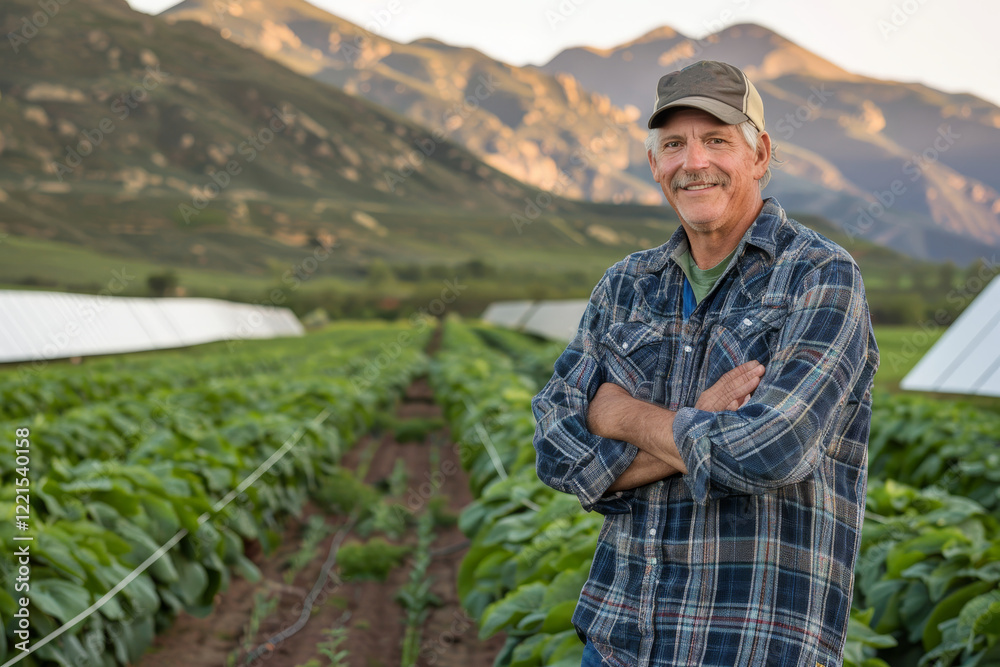Fototapeta premium Smiling farmer utilizing solar energy in green fields a sustainable agriculture showcase