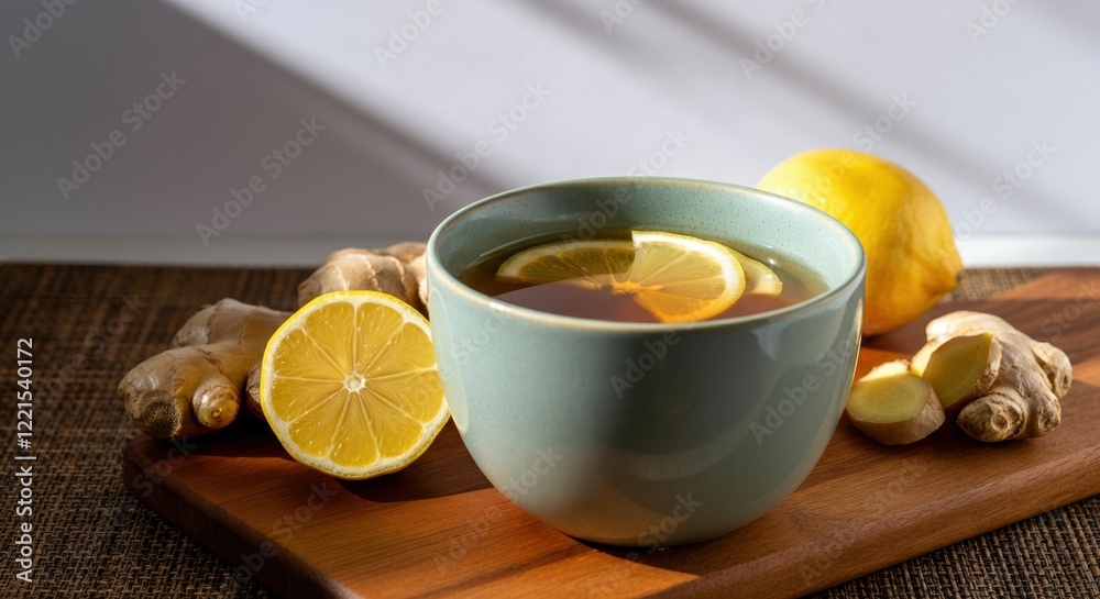 Fresh ginger tea with lemon slices in a cozy setting Fresh ginger tea with lemon slices in a cozy setting