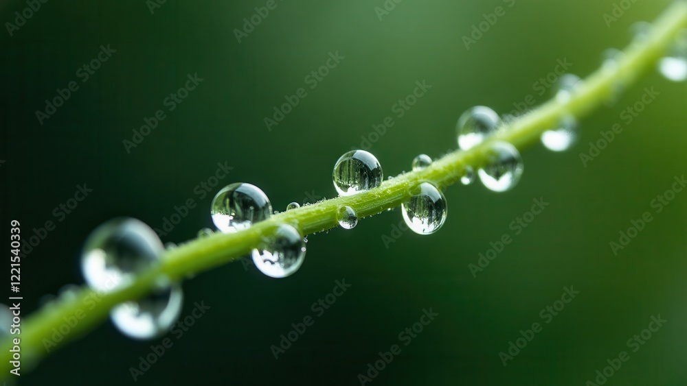 Macro photography of dew drops on a green stem with natural reflections Macro photography of dew drops on a green stem with natural reflections